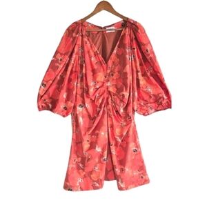 Tanya Taylor Dress Women's 22 Orange Lacey Floral Puff-Sleeve Lined